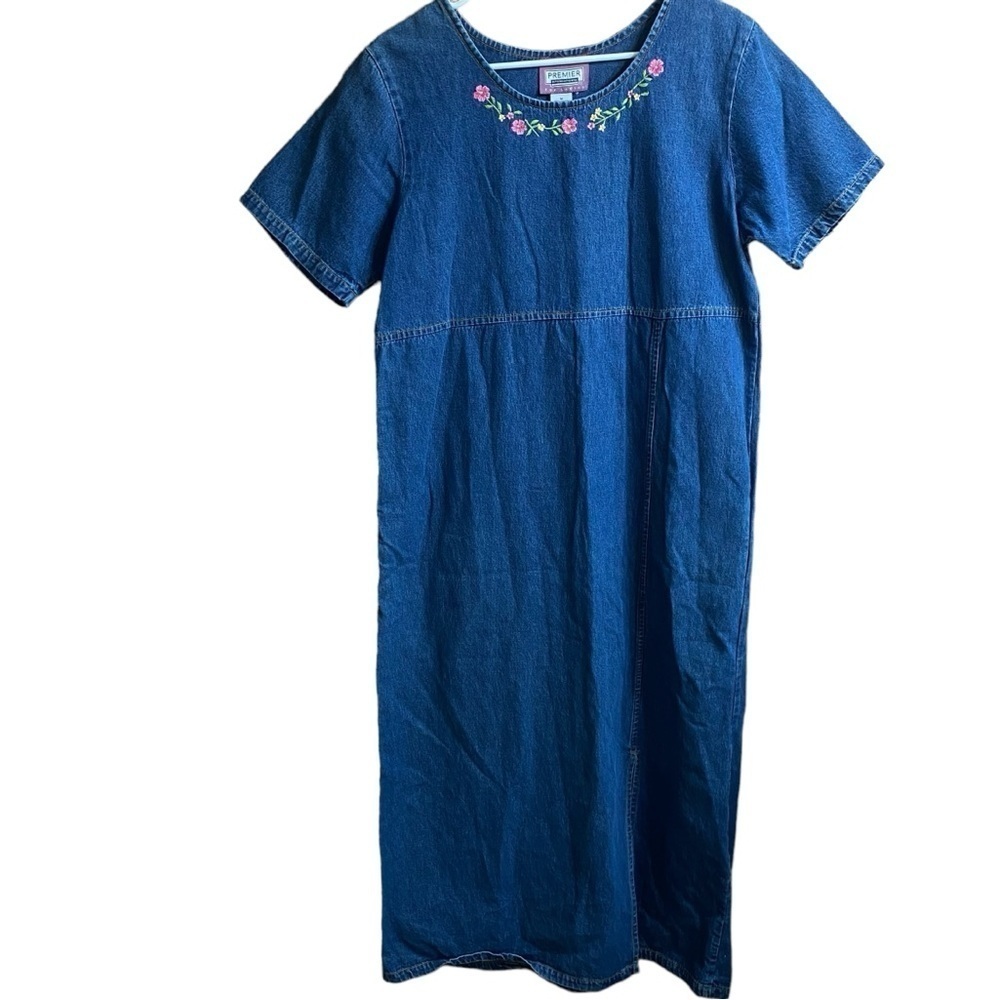 VTG 90s Premier International Floral Embroidered Cotton Denim MIDI Dress Size M